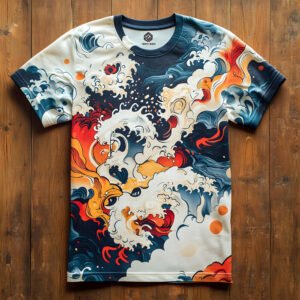 Sublimation t-shirt printing in Malaysia showing vibrant all-over design on polyester fabric