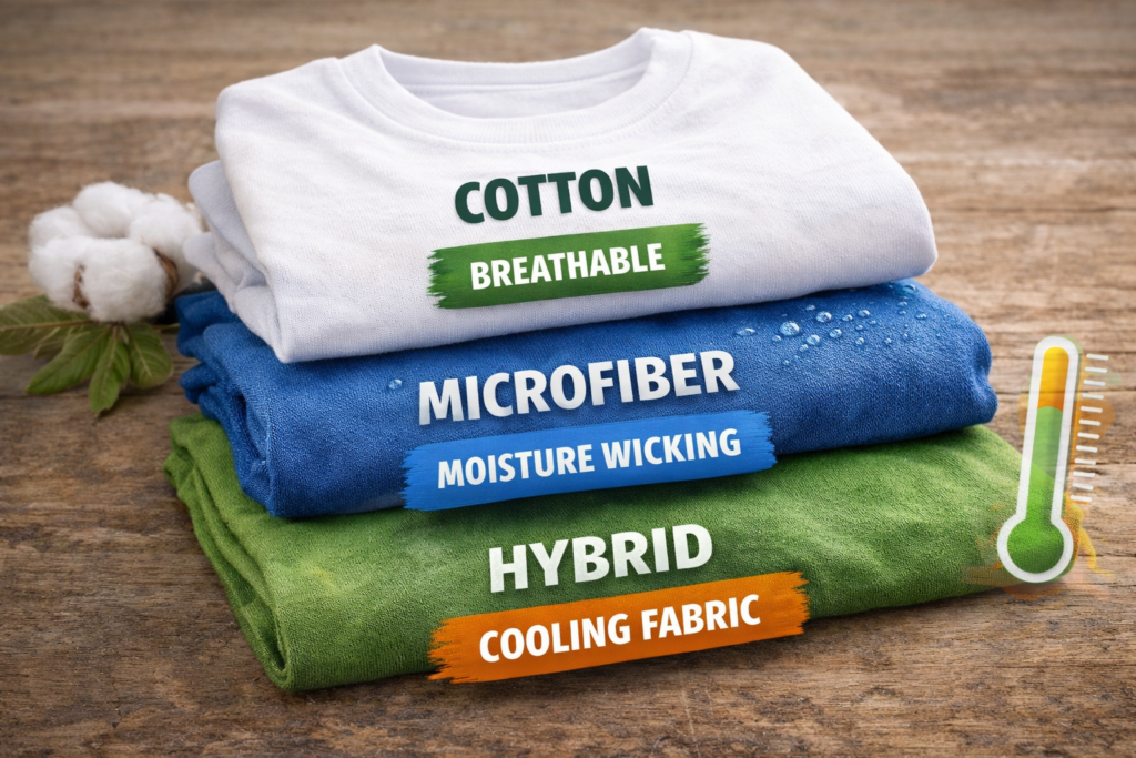 Stacked T-shirts showing cotton, microfiber dry-fit, and hybrid fabrics with labels for breathable, moisture-wicking, and cooling properties on a wooden background